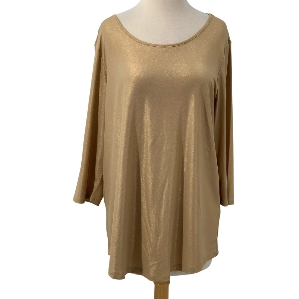 Chico's Gold Metallic Shimmer Tunic Top 3/4 Sleeve Scoop Neck Stretch Size 3/XL